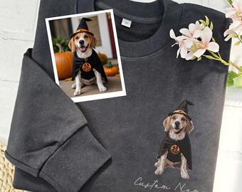 Embroidered Halloween Dog Sweatshirt, Personalized T-Shirt with Pet Photo, Custom Name Pullover, Dog Owner Gift