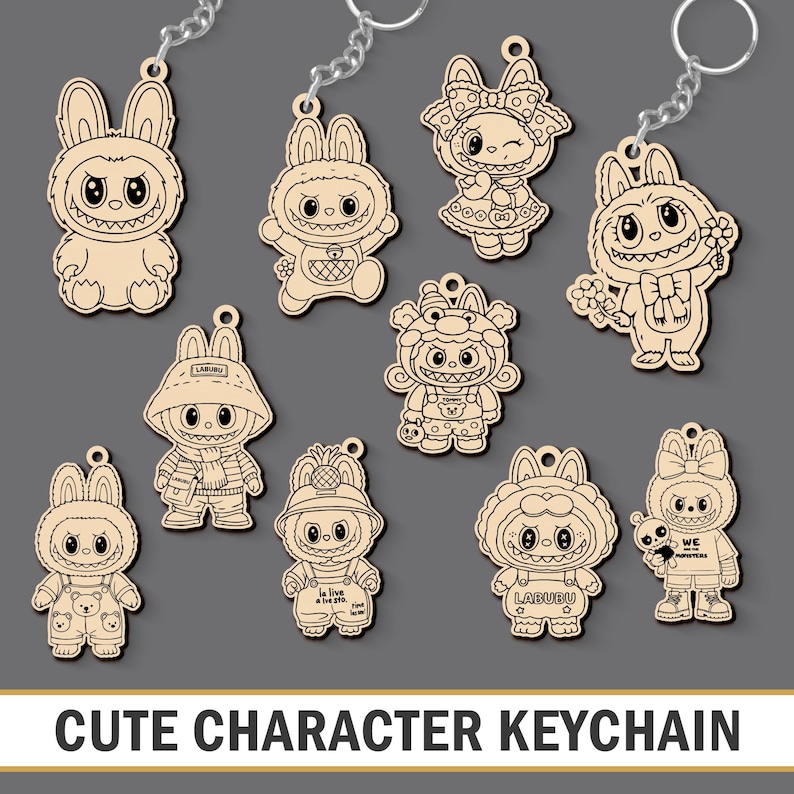 Cute Toy Keychain SVG Laser Cut File, Kawaii Keyring PNG, Cartoon Ornament Vector, Gift for Her, Digital Download, Glowforge Files image 1
