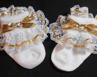Lacy Socks with Metallic Gold Ribbon