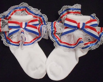 Lacy Socks with Patriotic Satin Ribbon, Wide Lace and Wide Striped Bow