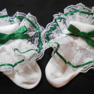 Lacy Socks with Wide Lace and Dark Green Ribbon detail