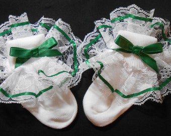 Lacy Socks with Wide Lace and Dark Green Ribbon detail