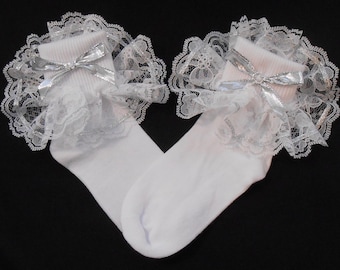 Lacy socks with Metallic Silver Ribbon detail