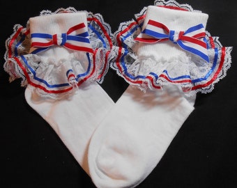 Lacy Socks with Patriotic (Red, White and Royal Blue) ribbon detail with Striped bow
