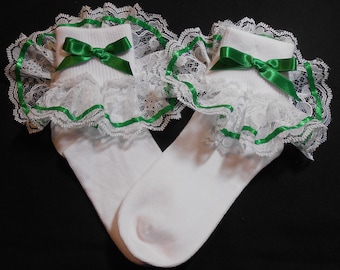Lacy Socks with Green ribbon detail
