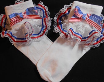 Lacy Socks with Flag / Patriotic (Red, White and Blue) ribbon detail