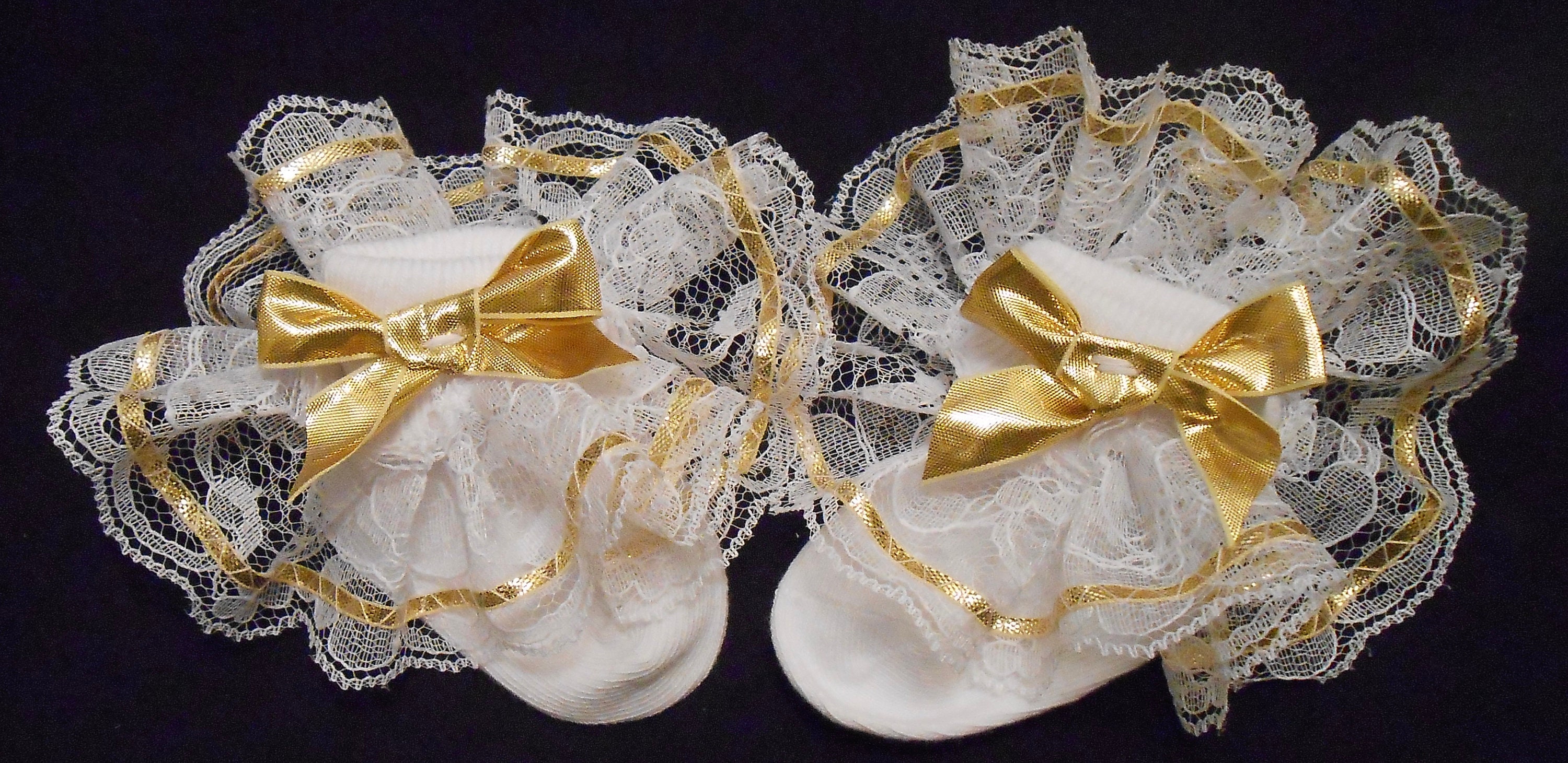 Lacy Socks with Metallic Gold Ribbon Wide Lace / Wide Bow