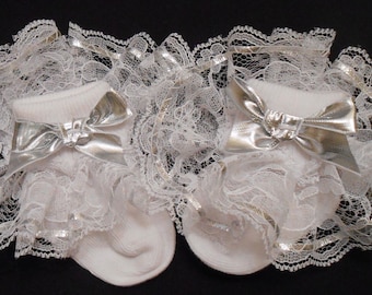 Lacy Socks with Metallic Silver Ribbon Wide Lace / Wide Bow