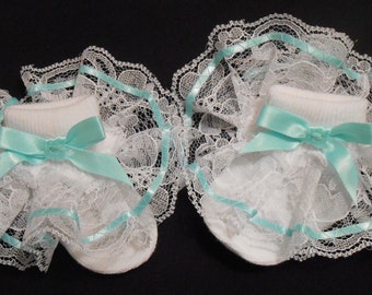 Lacy Socks with Wide Lace and Aqua Ribbon