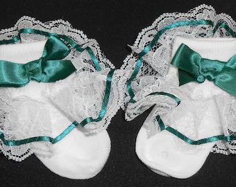 Lacy Socks with Wide Lace and Hunter Green Wide Ribbon detail