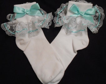 Lacy Socks with Aqua Ribbon Wide Lace and Wide Bow