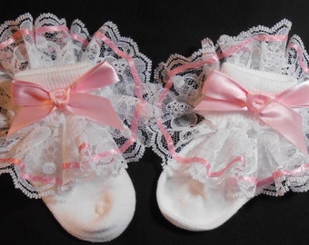 Lacy Socks with Wide Lace and Light Pink Wide Ribbon Bow
