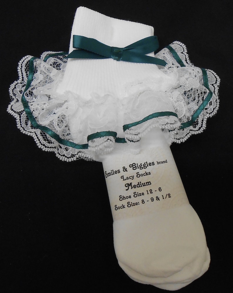 Lacy Socks with Hunter Green colored Ribbon size Medium