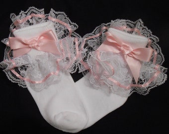 Lacy Socks with Light Pink Satin Ribbon, Wide Lace and Wide Bow