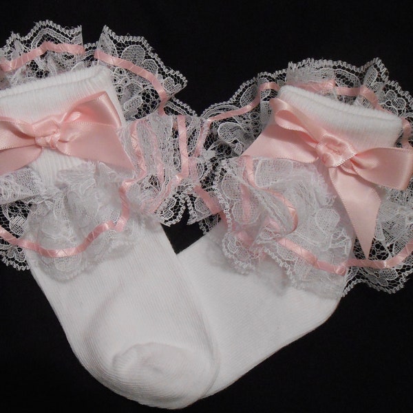 Lacy Socks with Light Pink Satin Ribbon, Wide Lace and Wide Bow