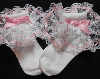 Lacy Socks with Pastel Pink Ribbon and wide lace