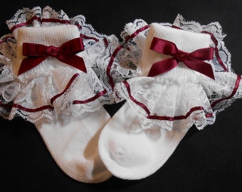 Lacy Socks with Wide Lace and Burgundy Ribbon