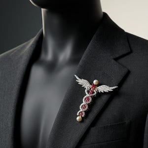 May include: A silver-toned caduceus brooch featuring a central vertical row of oval-cut red stones, flanked by two white pearls at the top and bottom, and accented with wings encrusted with small clear white stones pinned to a dark charcoal blazer.