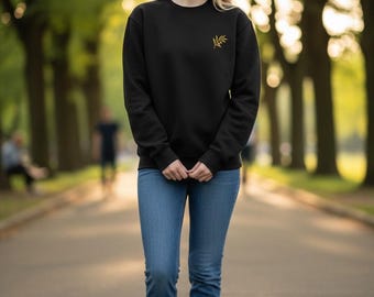 Embroidered Crewneck Sweatshirt | Black Unisex Pullover | Gold Embroidery | Minimalist Gift