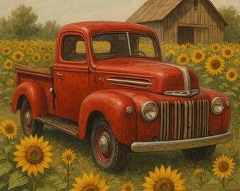 Póster vintage de camión con girasoles, decoración de granja, arte rústico de pared, regalo para él, impresiones para la oficina en casa.