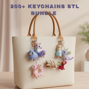 May include: A cream-colored tote bag with tan handles displays several keychains. The keychains feature colorful, miniature animal figures, including a unicorn, sheep, raccoon, axolotl, and dragon. The text "200+ KEYCHAINS STL BUNDLE" is above the bag.
