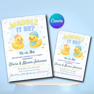 Rubber Duck Gender Reveal Invitation | Waddle It Be He or She | Editable Baby Gender Reveal Invite | Instant Download | Canva Template