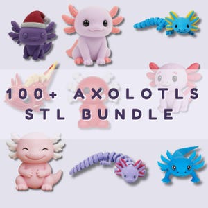 May include: A selection of colourful axolotl figurines in different poses. Some axolotls are purple, pink, and blue, with details like gills and a Santa hat. The text "100+ AXOLOTLS STL BUNDLE" is also visible.