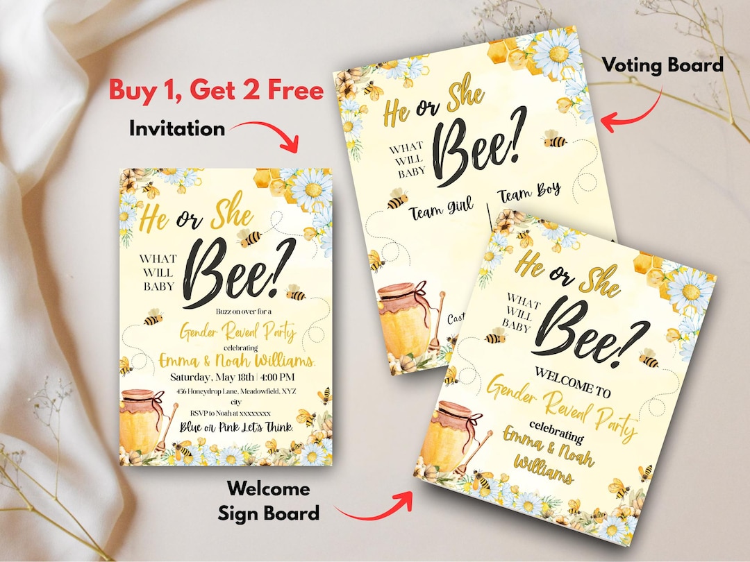 Baby Bee Gender Reveal Invitation | He or She, Canva Editable (digital ...