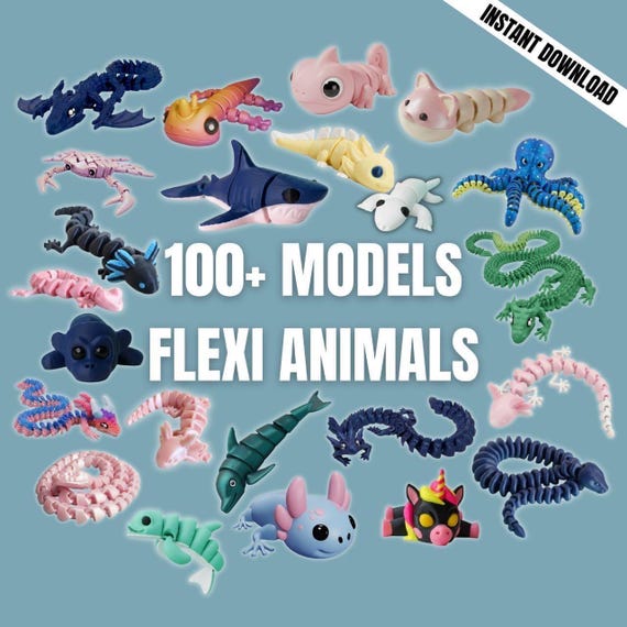 100+ Articulated Animals STL Bundle | Flexi Fish & Flexi Dragon STL | Axolotl STL Pack | 3D Printed Desk Pet Google Drive