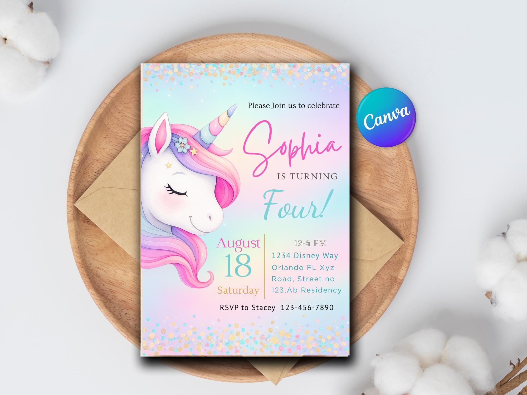 ユニコーンの誕生日招待状｜編集可能なパステルレインボー、Canva