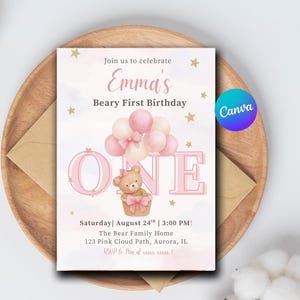 Teddy Bear Girl First Birthday Invitation | Pink Beary Cute 1st Birthday Invite | Editable Template for Baby Girl | Printable Digital Invite