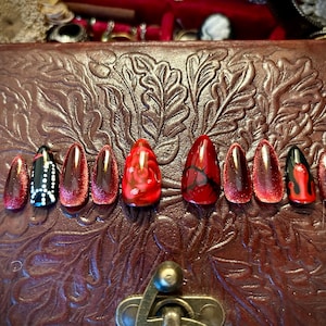 The Rose and Thorn - Elegance and deadliness align in this red gothic fantasy nail set.