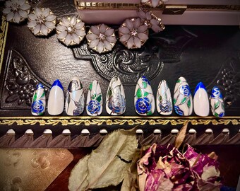 Blue are my Roses - Blue stained glass floral press-on nails, art nouveau, silver gilding, custom and handmade nails.