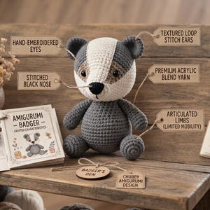 May include: A crocheted badger amigurumi toy with a grey and white body, hand-embroidered eyes, and a stitched black nose. The toy features textured loop stitch ears and articulated limbs. A small open book indicates an approximate size of 7 inches.