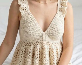 Patrón PDF de top peplum de ganchillo, top corto de ganchillo con encaje, blusa peplum sin mangas, tutorial de top de verano estilo boho (descarga en PDF)