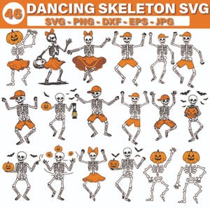 May include: A collection of 46 dancing skeleton SVG designs. The skeletons are in various poses, some wearing orange shorts, hats, and skirts, and holding pumpkins. The image includes the text "DANCING SKELETON SVG" and file type formats.