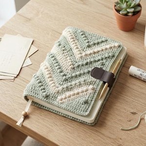 May include: A sage green and cream crochet book cover featuring a textured chevron pattern with bobble stitches. The cover includes a dark brown leather pen loop holding a gold pen, a wooden bead bookmark, and a small white label with black text.