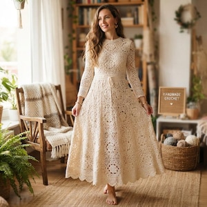 May include: A long-sleeved, floor-length cream-colored crochet dress featuring an intricate floral pattern throughout the fabric, a fitted waist, and a scalloped hemline. The garment is constructed with detailed needlework and a round neckline.