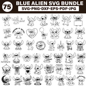 Può includere: Un pacchetto SVG in bianco e nero con 75 illustrazioni di un personaggio alieno blu. Le immagini includono il testo "Be yourself", "Stay Weird", "Together is better", "Always me", "Small but mighty" e "Be kind always".