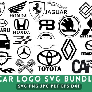 以下が含まれることがあります： ランボルギーニ、ホンダ、フェラーリ、ジャガー、スバル、トヨタ、マツダなど、白黒の車のロゴのコレクション。画像には、ファイルタイプのオプションとともに「CAR LOGO SVG BUNDLE」というテキストも含まれています。