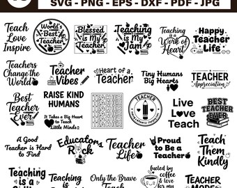 Könnte beinhalten: Eine Sammlung von 40 Lehrer-Themen-SVG-Designs in verschiedenen Formaten. Die Designs zeigen inspirierende Zitate und Sätze wie "Teacher Vibes", "Best Teacher Ever" und "Teaching is a Calling". Die Designs sind in Schwarz und Weiß.