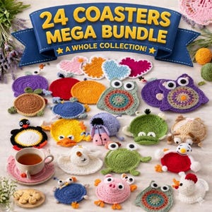 24 in 1 Animal Crochet Coaster Pattern Bundle PDF, Cute Amigurumi Drink Coasters Penguin Frog Chicken Bear Mug Rug Crochet Patterns Download