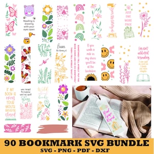 Könnte beinhalten: Eine Sammlung farbenfroher Lesezeichen mit verschiedenen Designs, darunter Blumenmuster, Schmetterlinge und inspirierende Zitate. Das Bild zeigt auch ein offenes Buch mit einem Lesezeichen mit der Aufschrift "Read, Escape, Repeat."