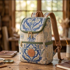 Könnte beinhalten: Beigefarbener Rucksack mit blauem und grünem Blumenmuster. Der Rucksack hat braune Träger und eine grüne Umrandung. Ein brauner Lederaufnäher mit den Initialen "AM" ist angebracht. Auf einem Holztisch platziert.