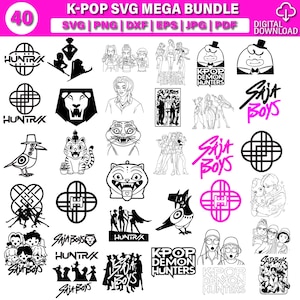 Puede incluir: Un paquete gráfico de descarga digital con 40 diseños SVG con temática K-Pop. Los diseños incluyen ilustraciones de animales, personas y logotipos. El texto incluye "K-Pop SVG Mega Bundle", "Digital Download" y varias marcas.