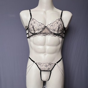 Bielizna męska Sissy Lace – biustonosz z fiszbinami i stringami z siateczki o otwartej strukturze