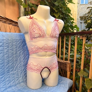 Kanten open-bodemlingerie Doorzichtig ondergoed Microstring extreem voor mannen Doorschijnende bh's voor watjes
