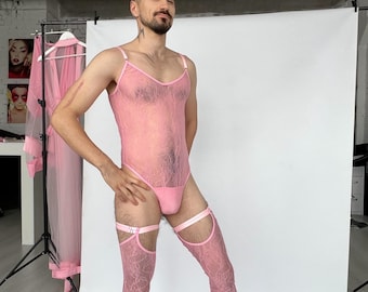 Conjunto de body y medias de encaje para hombre - Lencería Sissy Femboy