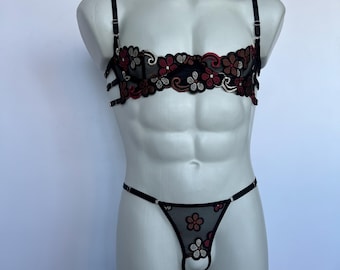 Lencería abierta sin copa Sissy Ropa interior Crossdress Sujetador de plataforma abierto Micro tanga extrema