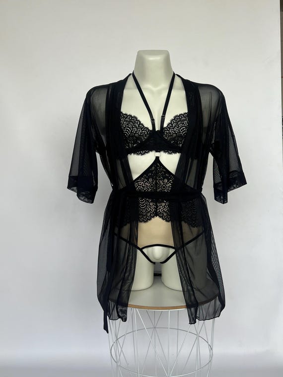 sexy kimono lingerie Sexy secretary woman with black retro lingerie and glasses dancing main image 0